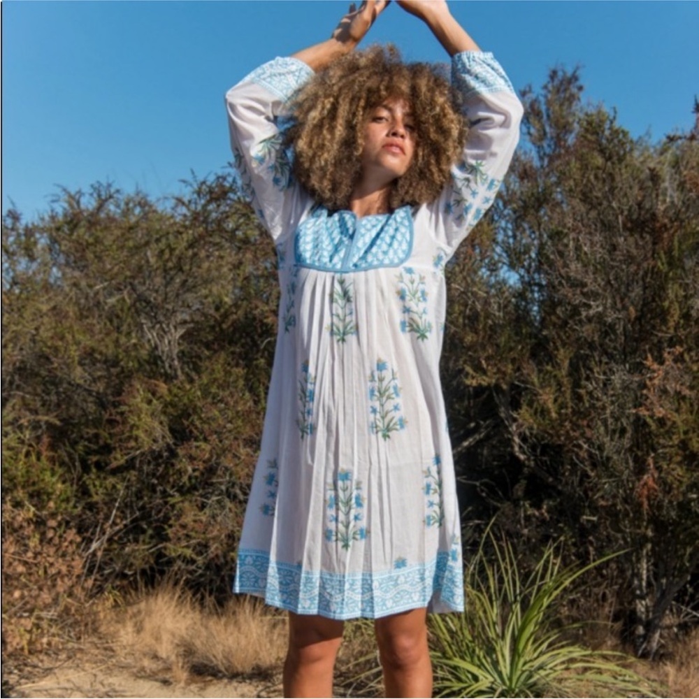 SZ Blockprints Jaipur Caftan Cornflower Blue Floral Dress Vacation Resort Boho
